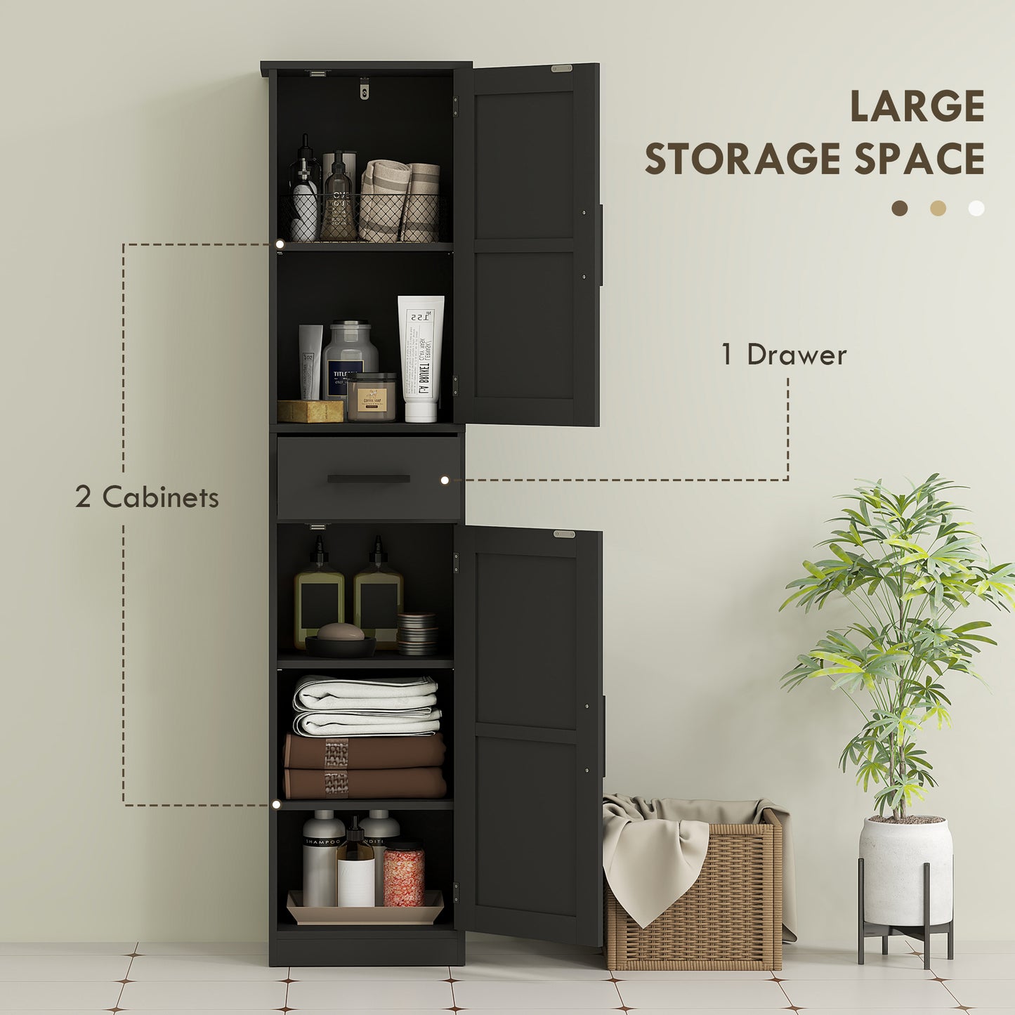 67" Tall Bathroom Cabinet, Narrow Bathroom Storage Cabinet with Drawer, Barn Doors and Adjustable Shelves, Black