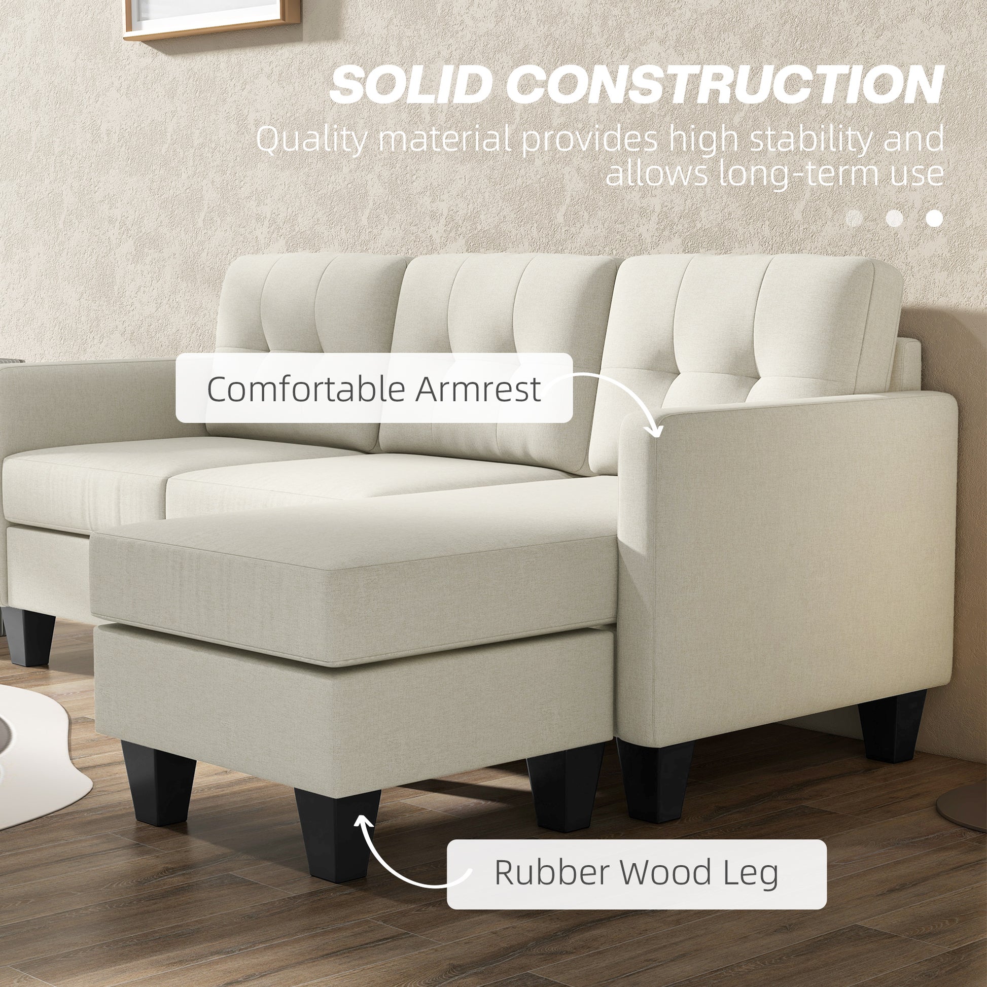 Small Corner Sofa, 3 Seater Sectional Couch with Ottoman, Corner Sofa with Thick Padded Cushion and Wood Legs, Beige