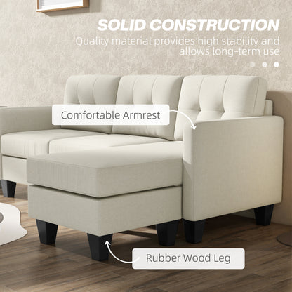 Small Corner Sofa, 3 Seater Sectional Couch with Ottoman, Corner Sofa with Thick Padded Cushion and Wood Legs, Beige
