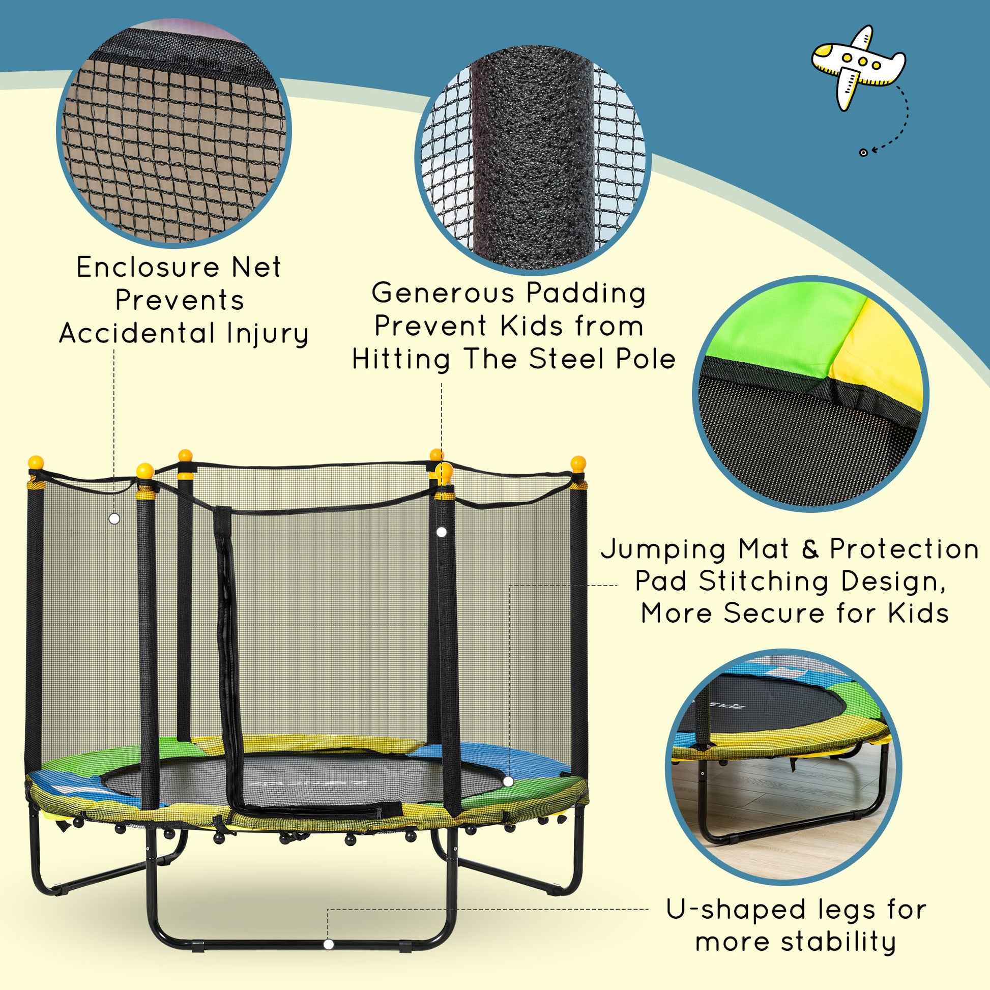 Qaba 4.6FT Trampoline for Kids with Enclosure Net for Ages 3-6, Indoor Outdoor Use, Black