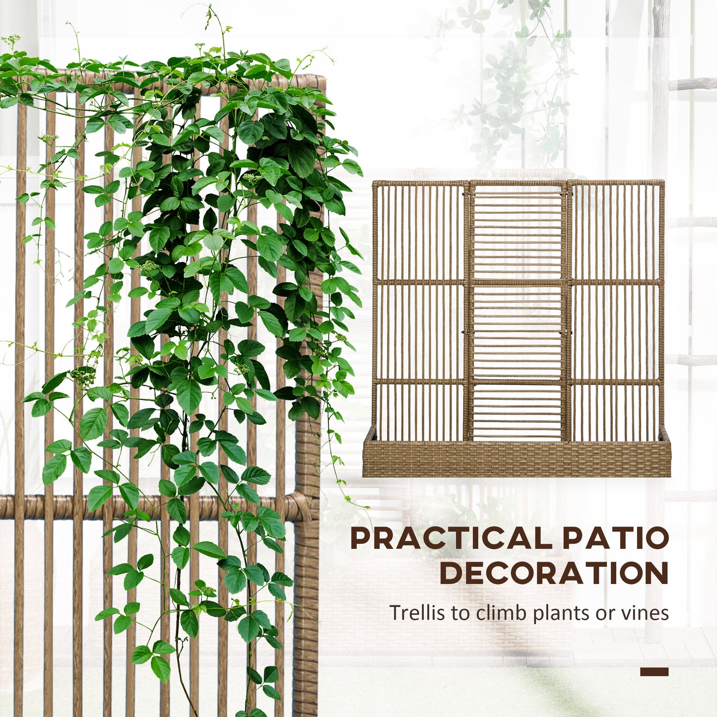 Raised Garden Bed with Lattice Trellis, Rattan Outdoor Planter with Storage for Garden, Patio, Balcony, Sand Brown