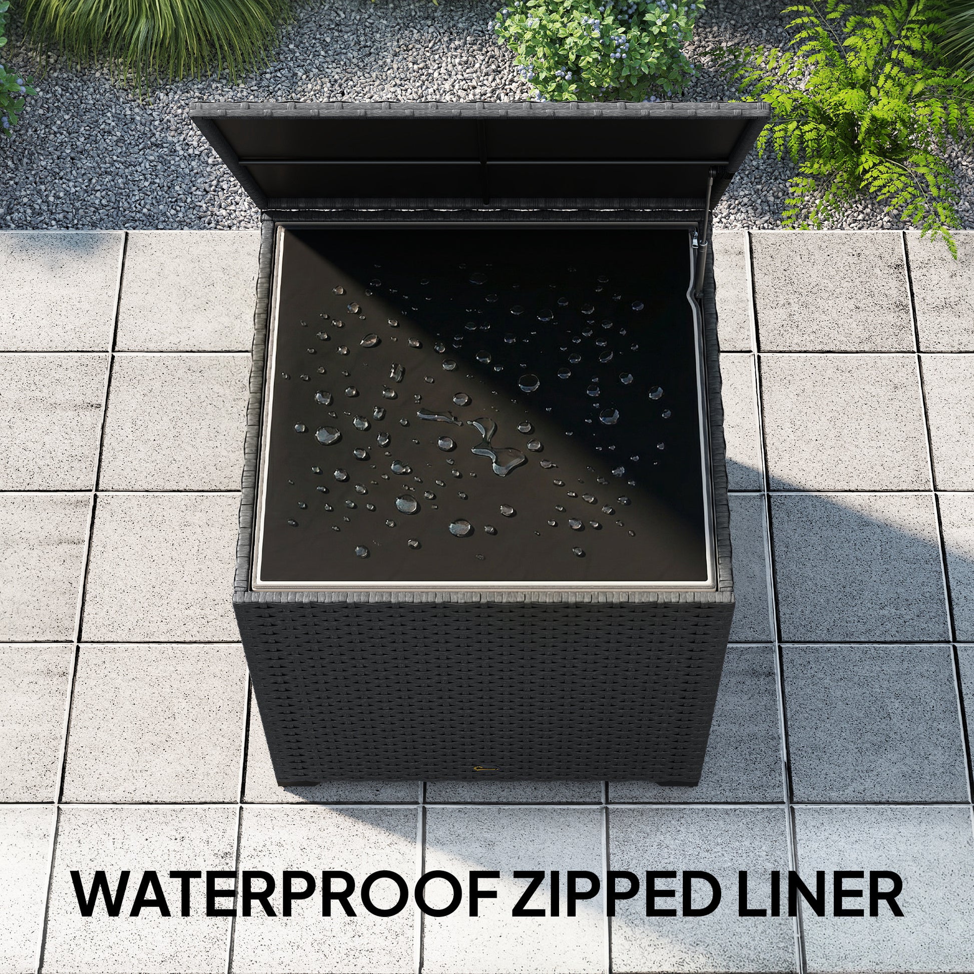 67 Gallon Rattan Deck Box, Wicker Outdoor Storage Box with Waterproof Zippered Liner, Safe Pneumatic Rod, Grey