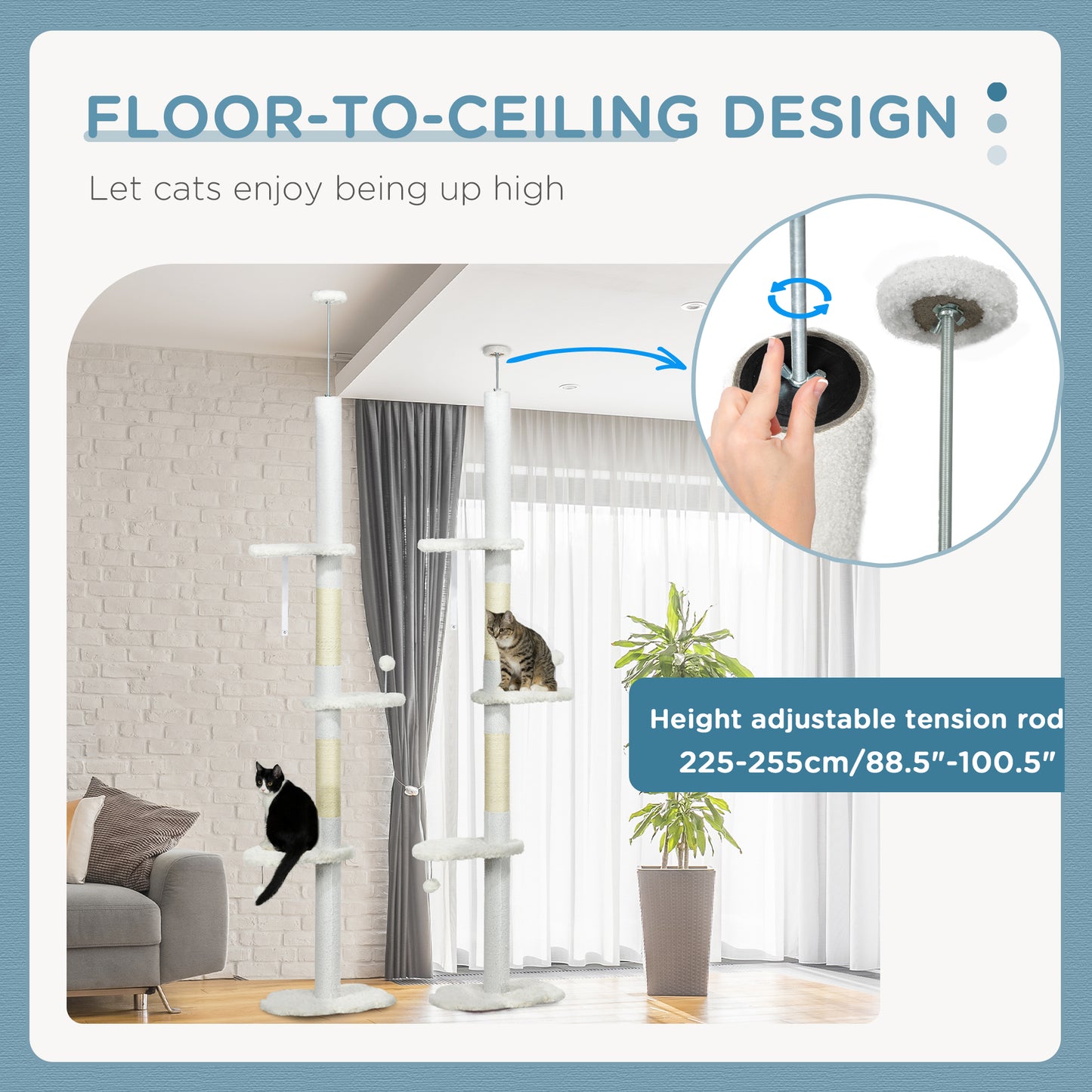 88.5"-100.5" Floor to Ceiling Cat Tree, Cat Tower with Scratching Posts, Cloud Shaped Platforms, Dangling Balls, White