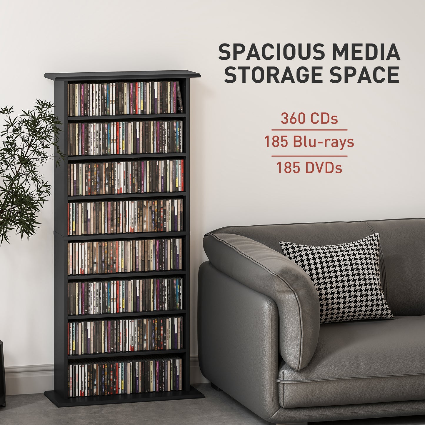 8-Tier DVD Shelf with 6 Adjustable Shelves, Slim CD Shelf, Holds 360 CDs, 185 DVDs or 185 Blu-rays, Black