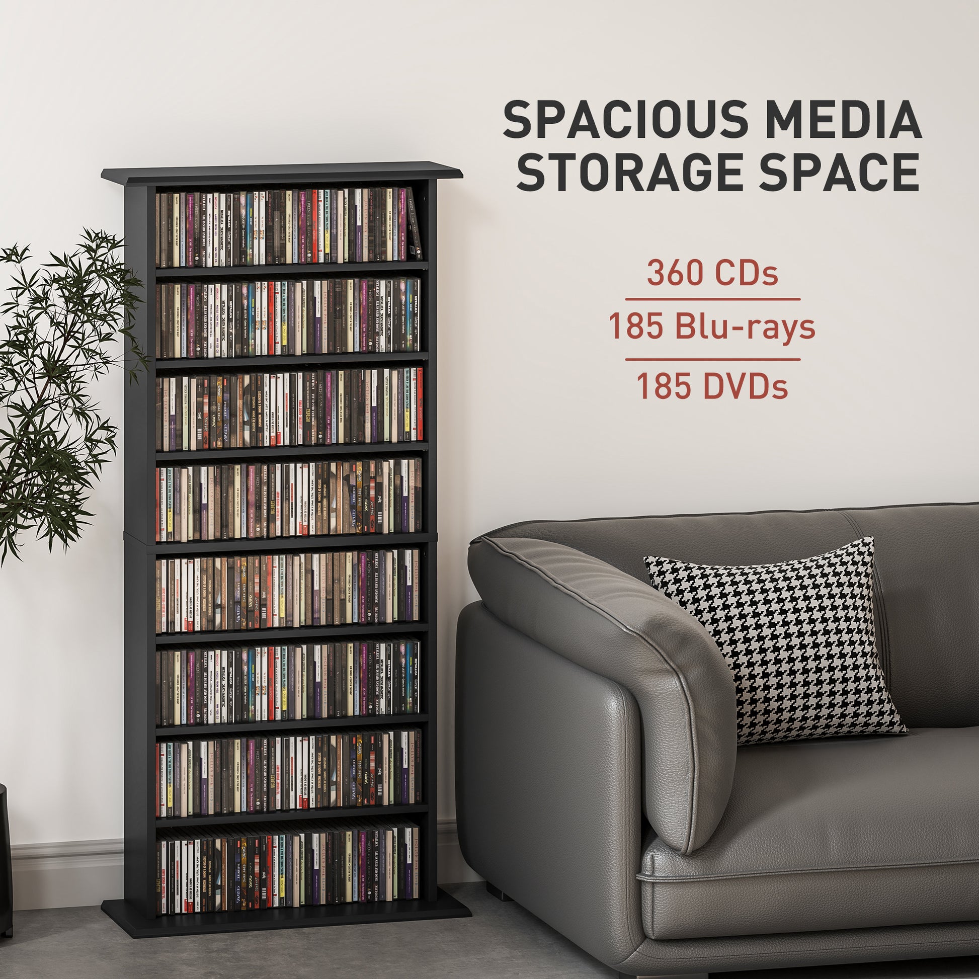 8-Tier DVD Shelf with 6 Adjustable Shelves, Slim CD Shelf, Holds 360 CDs, 185 DVDs or 185 Blu-rays, Black