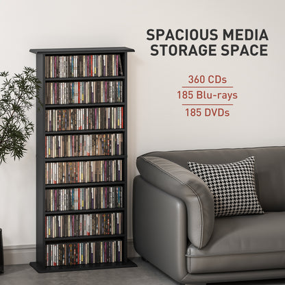 8-Tier DVD Shelf with 6 Adjustable Shelves, Slim CD Shelf, Holds 360 CDs, 185 DVDs or 185 Blu-rays, Black