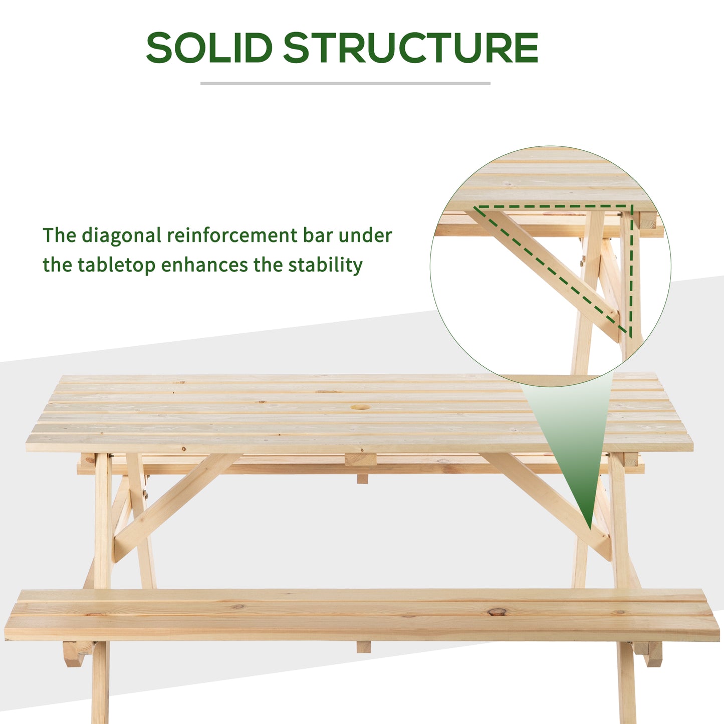 Wood Picnic Table, Camping Table and Bench Set with Umbrella Hole for Outdoor, Garden, Patio, Backyard, Natural
