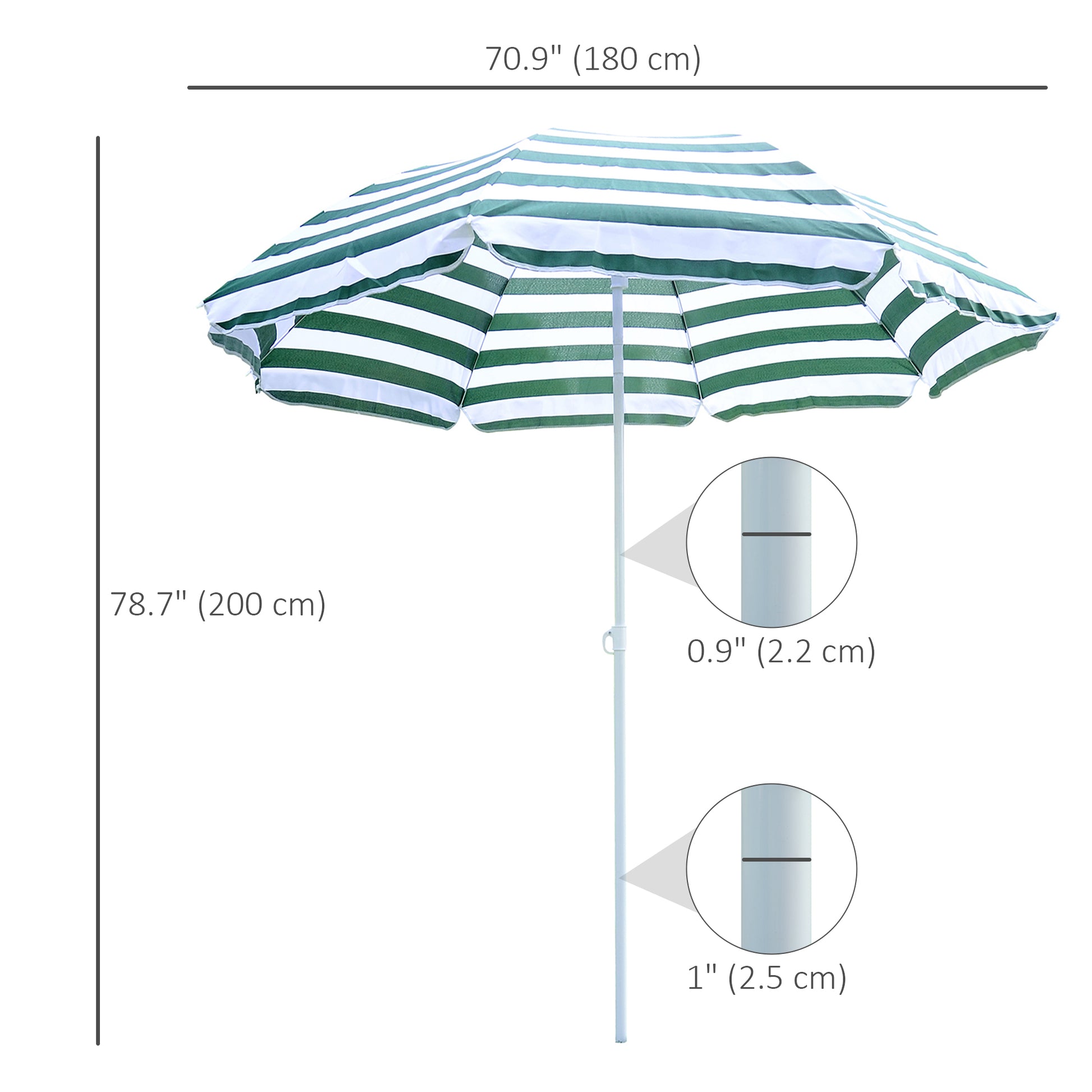 6FT Round Beach Umbrella with Tilt Mechanism, Outdoor UV Protection Sun Shaded Canopy with Push Button, Striped Green