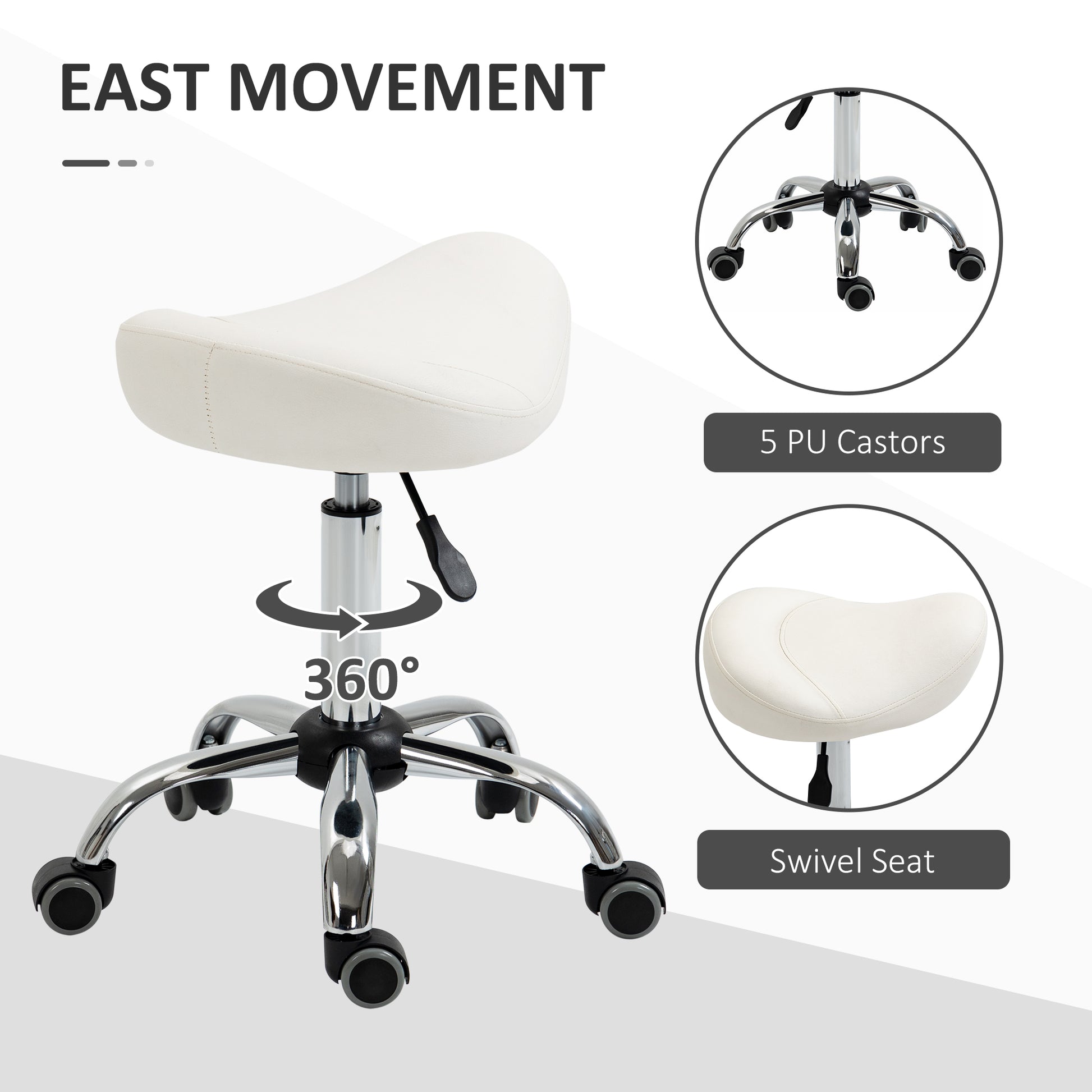 Ergonomic Saddle Stool with Wheels, Adjustable PU Leather Saddle Chair, 360° Swivel, NO Back Pain, Healthy Posture, Salon Chair for Massage Medical Home, White