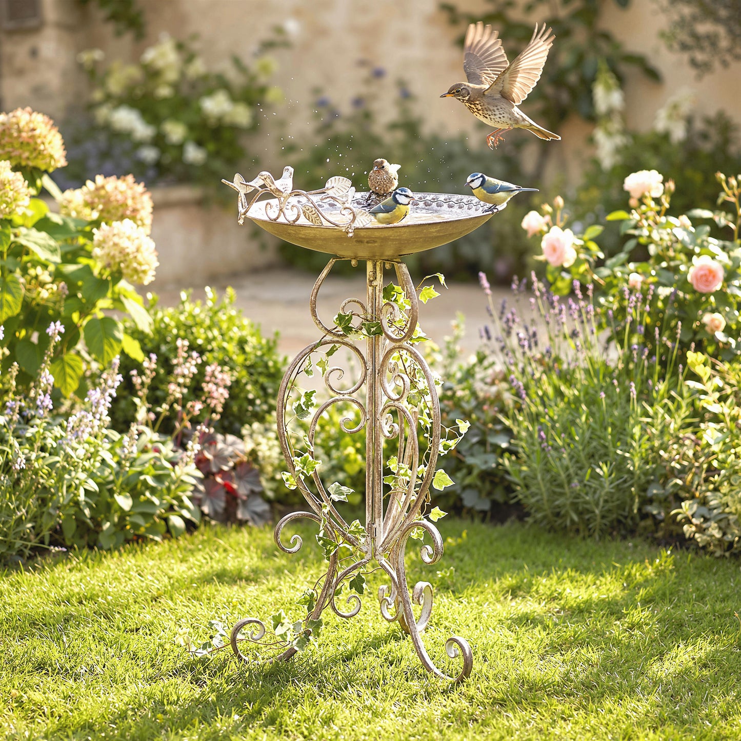30" Tall Bird Bath with Bird Statues and Decorative Stand, Freestanding Vintage Garden BirdBath Bowl Pedestal, Brown