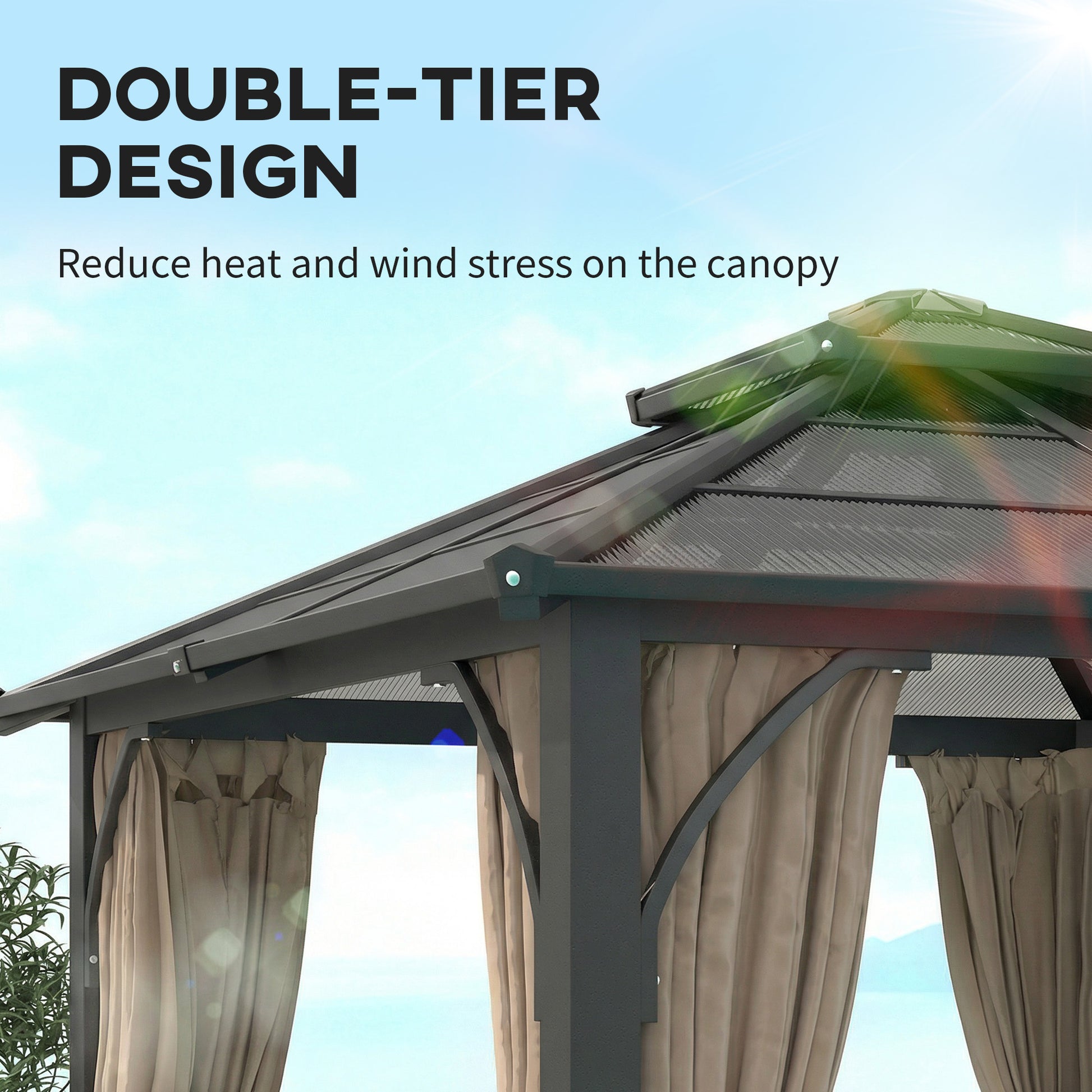 10' x 10' Hardtop Gazebo with 7mm Polycarbonate Double-Tier Roof, Outdoor Gazebo with Netting and Curtains, Khaki