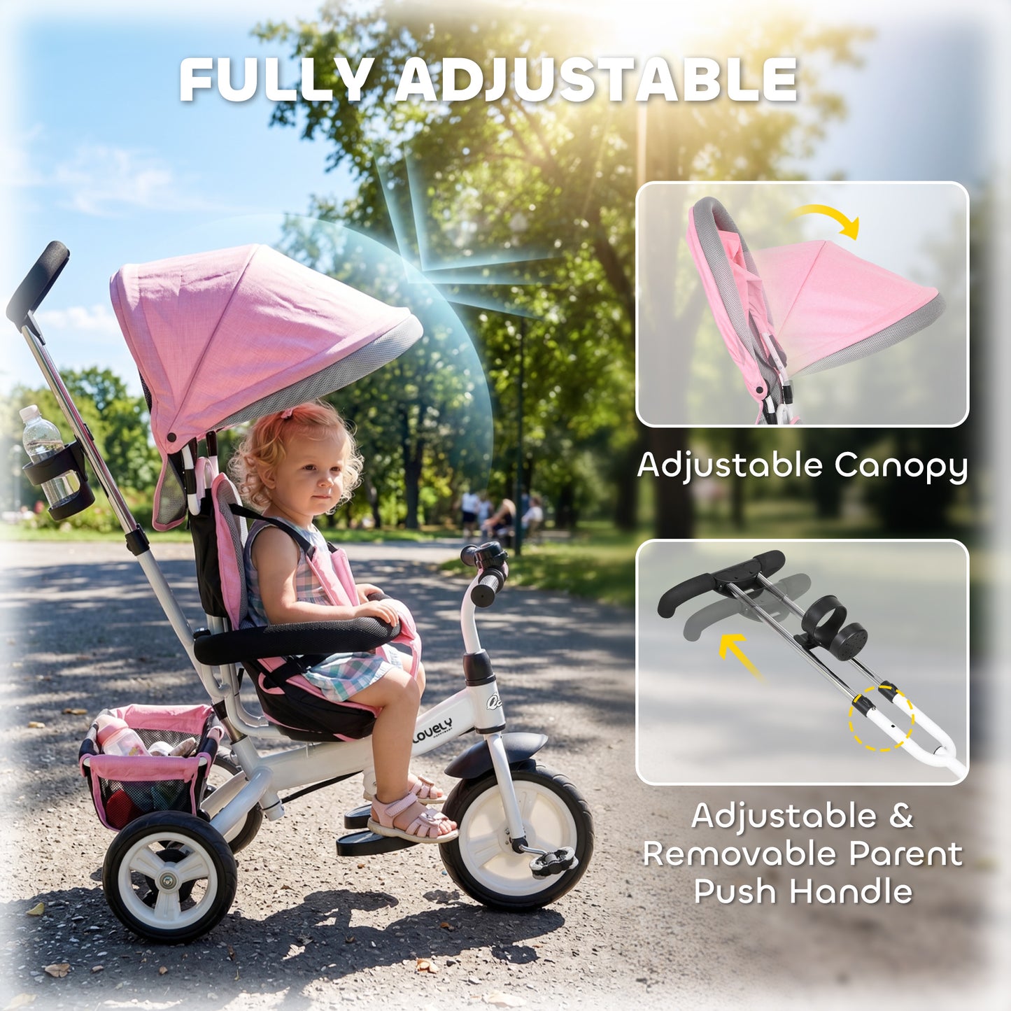 Qaba 6 in 1 Toddler Tricycle Stroller with Basket, Canopy, 5-point Safety Harness, for 12-60 Months, Pink