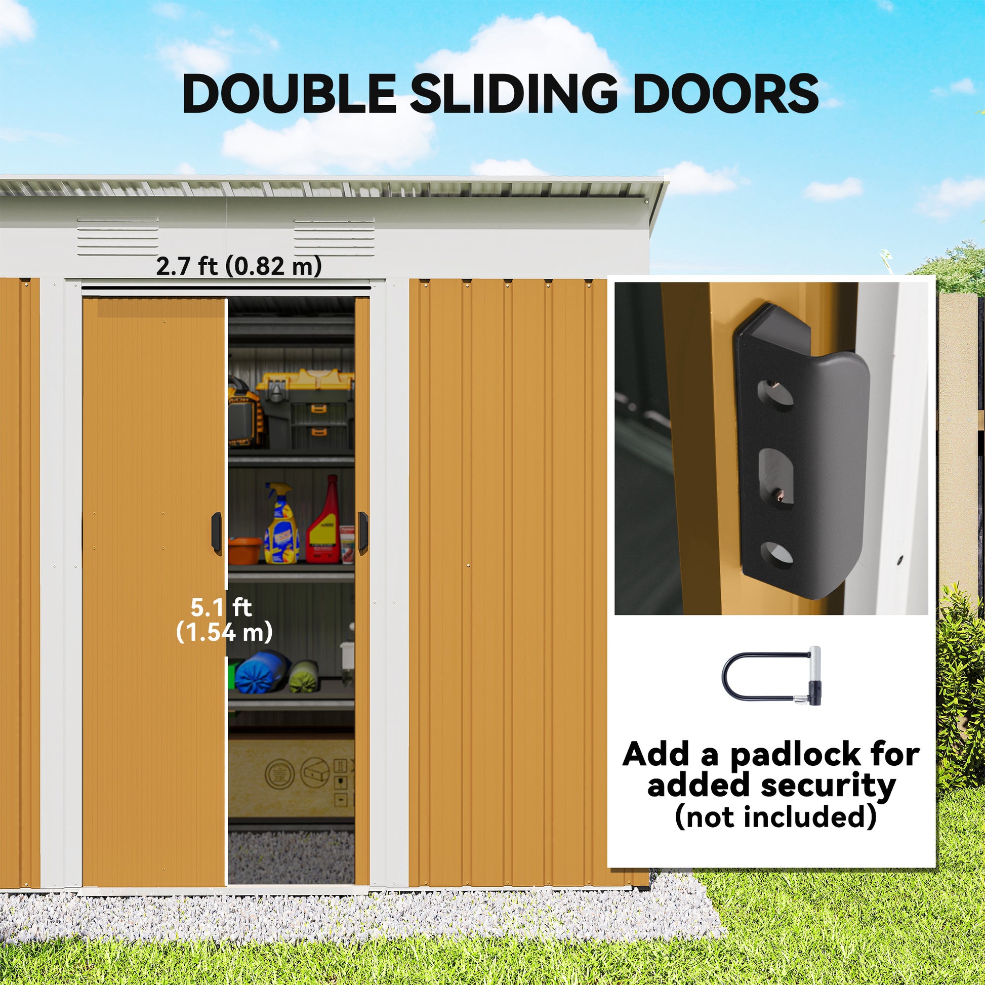 7' x 4' Outdoor Storage Shed, Metal Garden Tool Storage House Organizer with Lockable Sliding Doors and Vents for Backyard Patio Lawn, Yellow