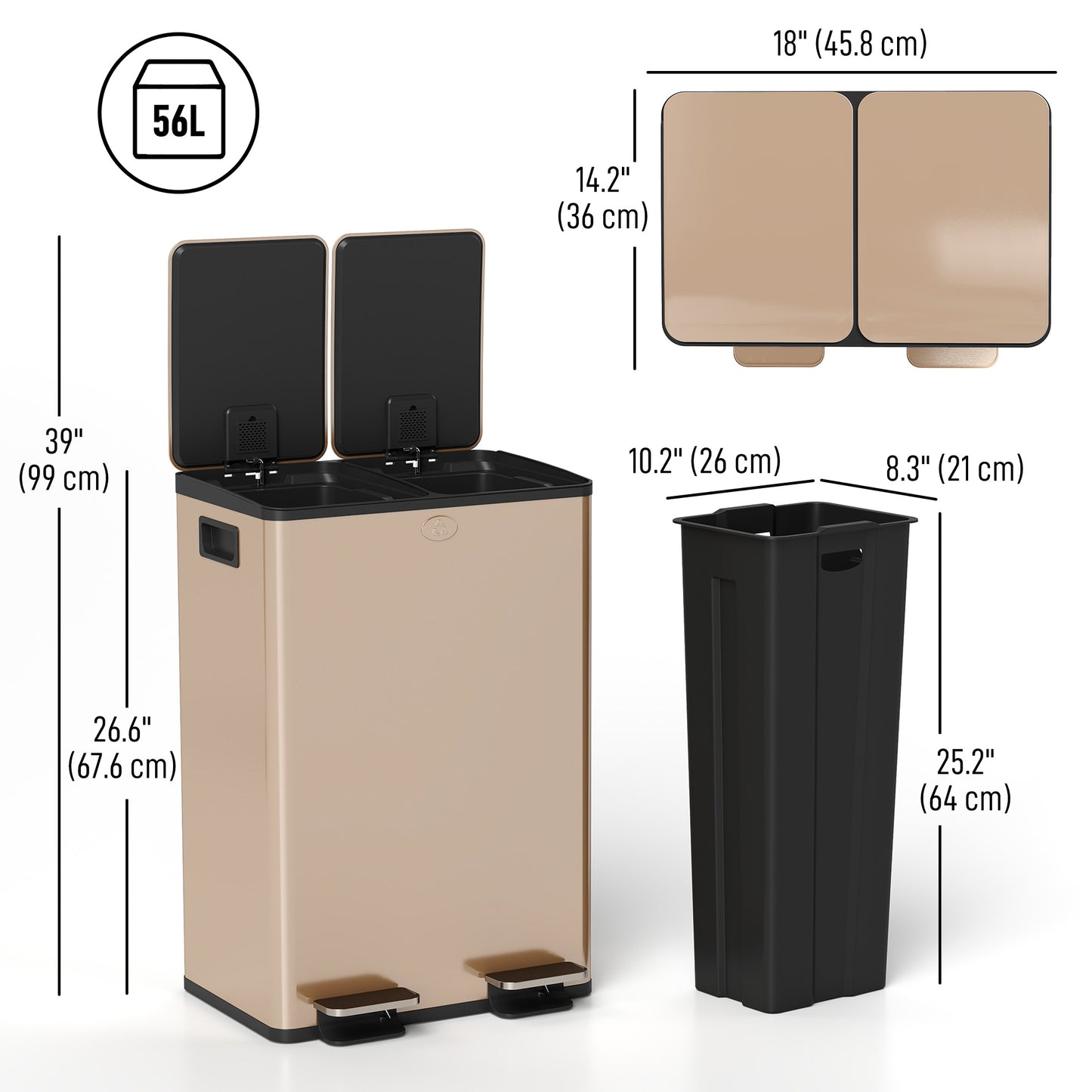 Dual Garbage Bin, Soft-Close Trash Can with Foot Pedal, 2 x 28 Liter Garbage Can with Removable Inner Buckets, Gold