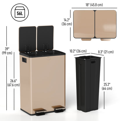 Dual Garbage Bin, Soft-Close Trash Can with Foot Pedal, 2 x 28 Liter Garbage Can with Removable Inner Buckets, Gold
