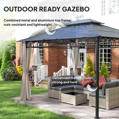 10' x 12' Outdoor Gazebo Canopy, Double Roof Hardtop Gazebo with Polycarbonate Roof, Steel Frame, Nettings and Curtains, for Garden, Lawn, Backyard and Deck, Khaki