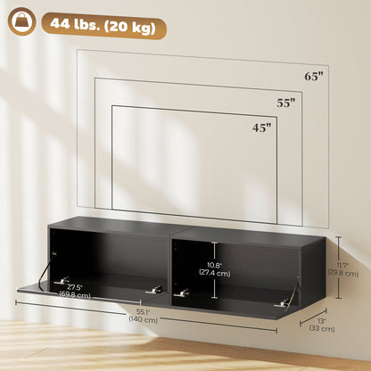 Floating TV Stand with Storage Cupboards for 45, 55, 65in TVs, Wall Mounted TV Console Entertainment Unit, Black