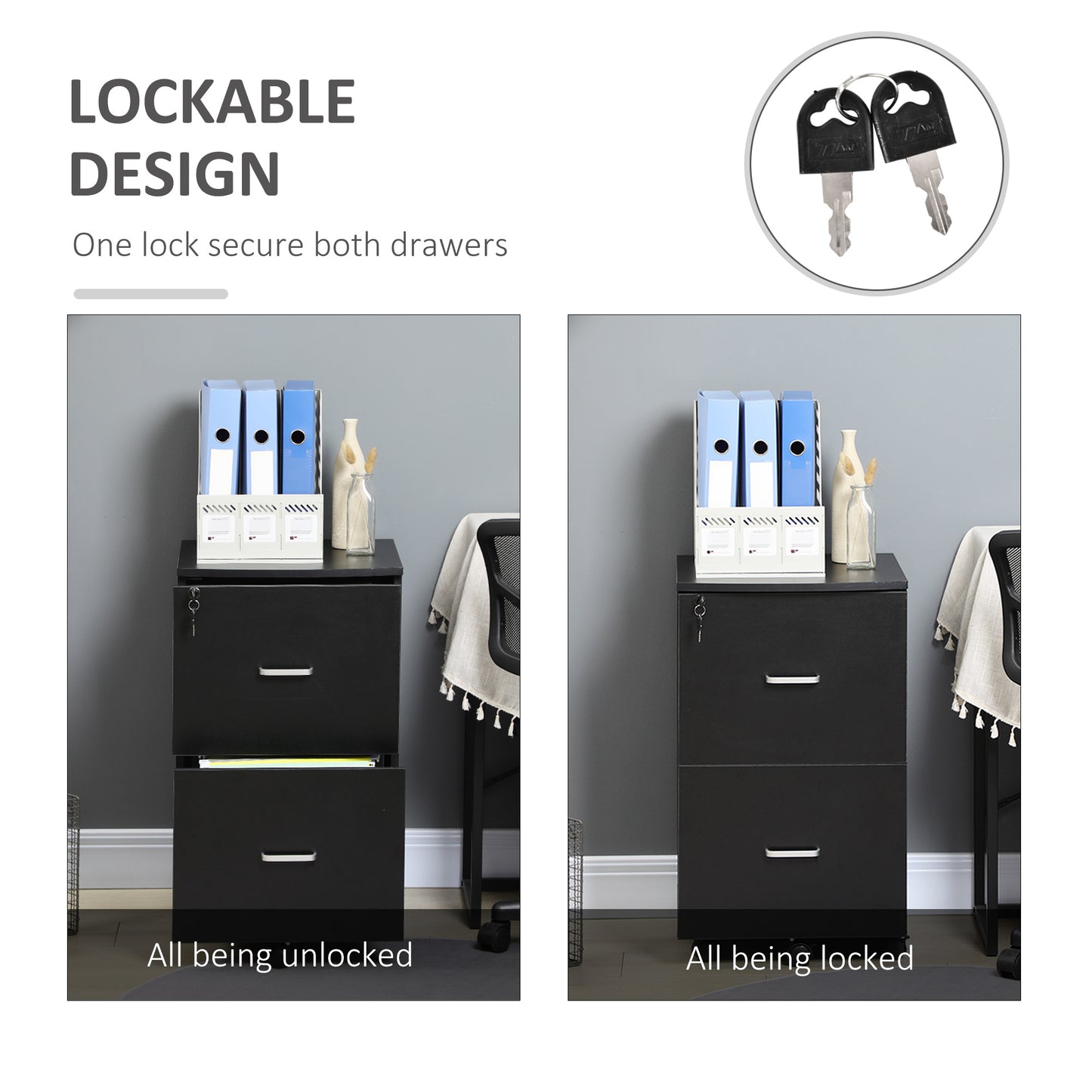 2 Drawer File Cabinet with Lock, Small Rolling Filing Cabinet for A4, Letter-Size Documents, Printer Stand for Home Office, 17" x 17.75" x 28.25", Black