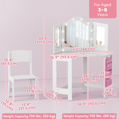 Qaba Kids Vanity Table and Chair Set with Lights, Makeup Dressing Table with Tri-Fold Mirror for Ages 3-8 Years, White