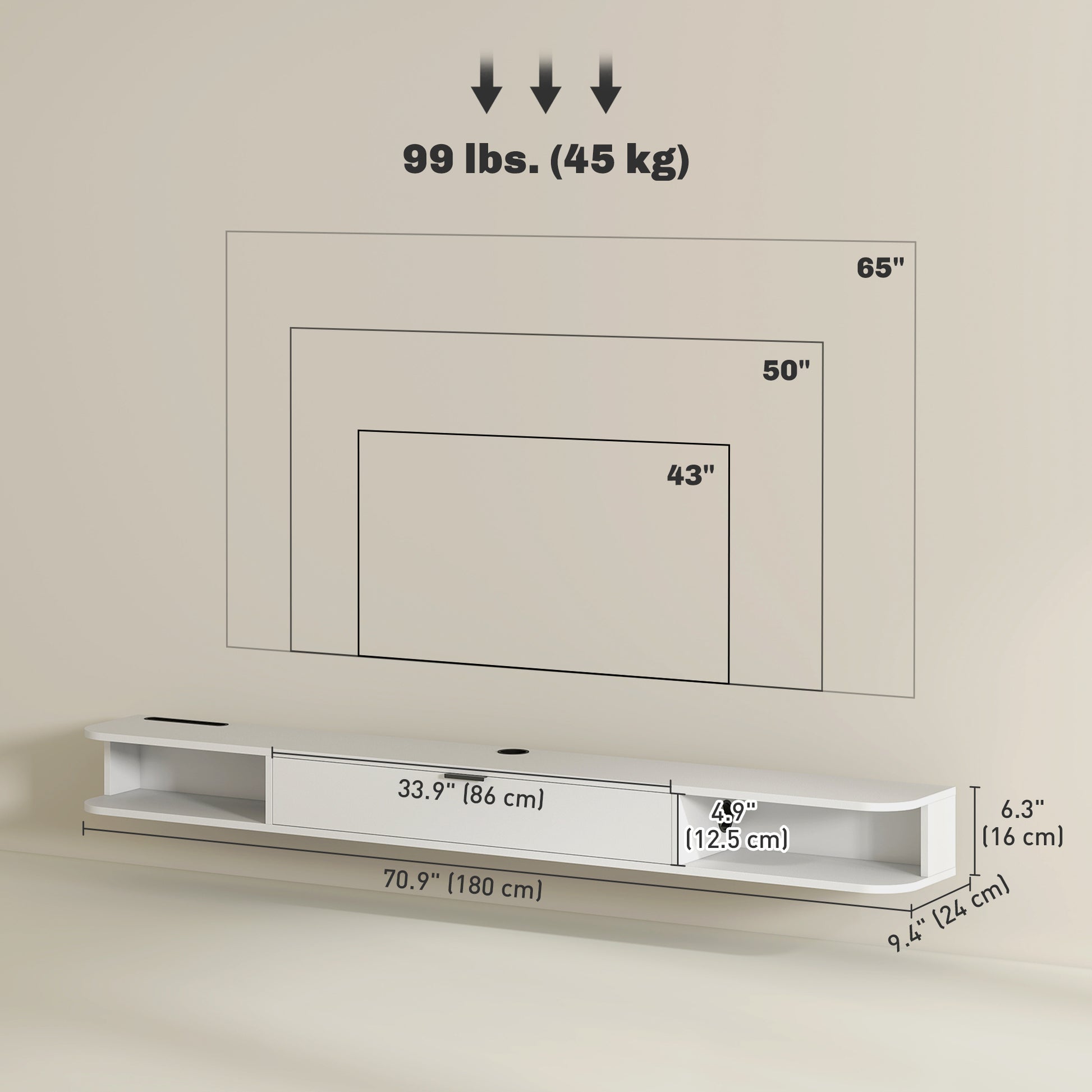 71" Floating TV Stand for TVs up to 75 Inch, Wall Mounted Media Console with Flip Drawer and 2 Open Shelves, White