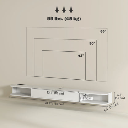 71" Floating TV Stand for TVs up to 75 Inch, Wall Mounted Media Console with Flip Drawer and 2 Open Shelves, White