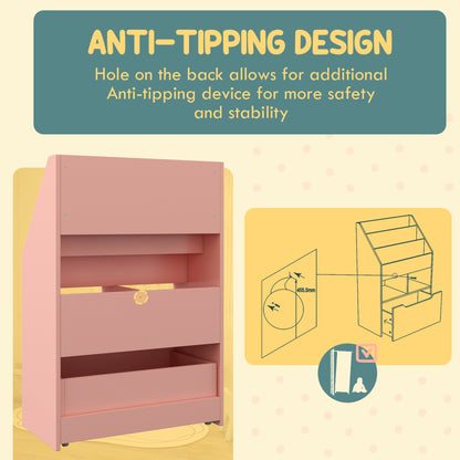Kids Bookcase with Storage Drawer for Books, Reading Nook, for Classroom, Bedroom, Playroom, Pink
