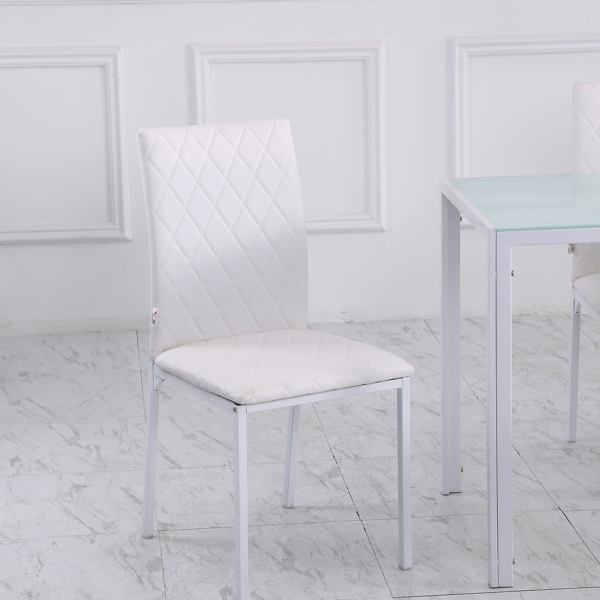 Modern Dining Chairs Set of 4, Upholstered Faux Leather Kitchen Chairs with Rhombic Tufting and Metal Legs for Living Room, White