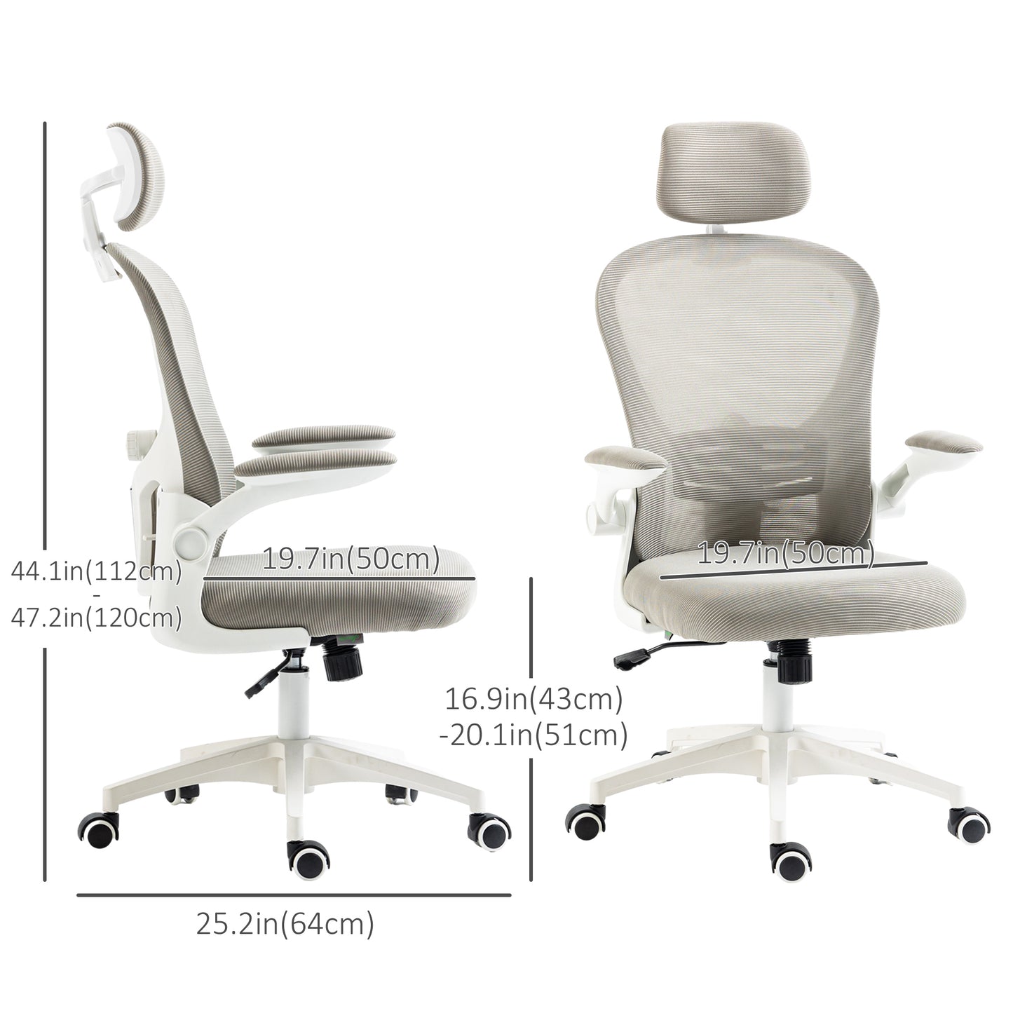 Office Chair, Mesh Computer Desk Chair with Adjustable Headrest, 4D Lumbar Support, Flip-up Arm, Grey