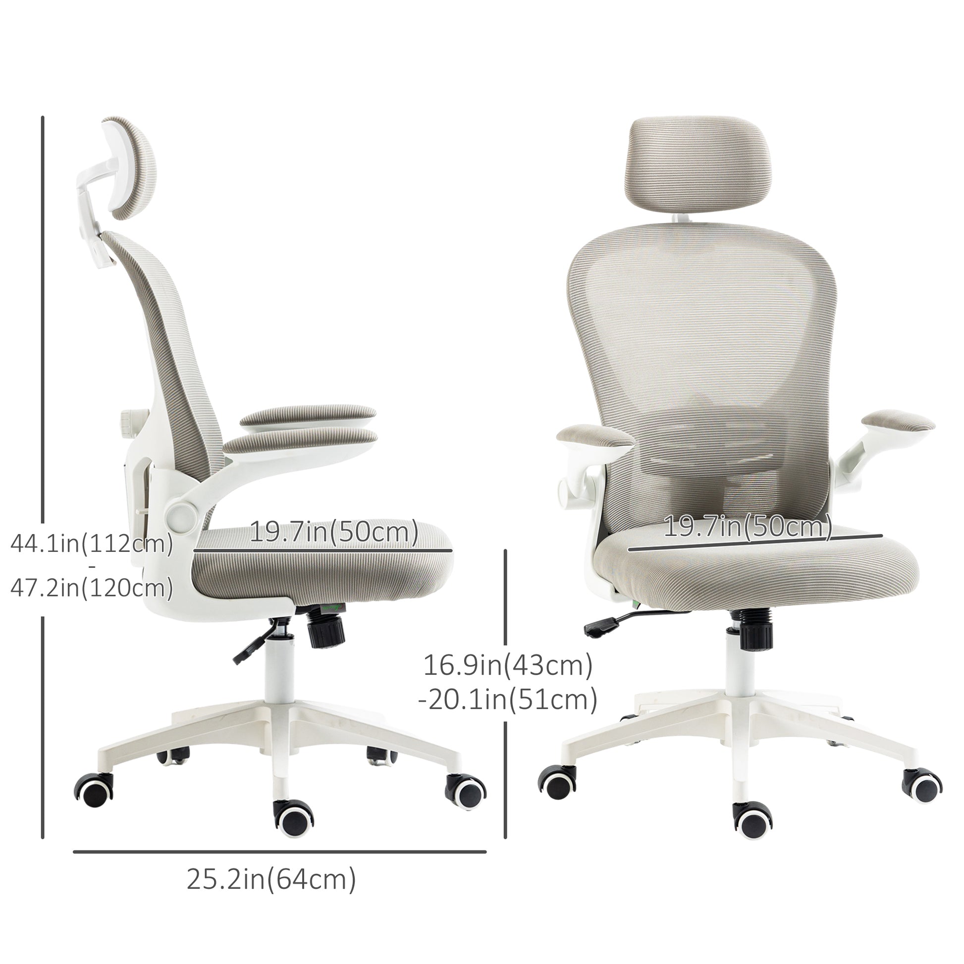 Office Chair, Mesh Computer Desk Chair with Adjustable Headrest, 4D Lumbar Support, Flip-up Arm, Grey