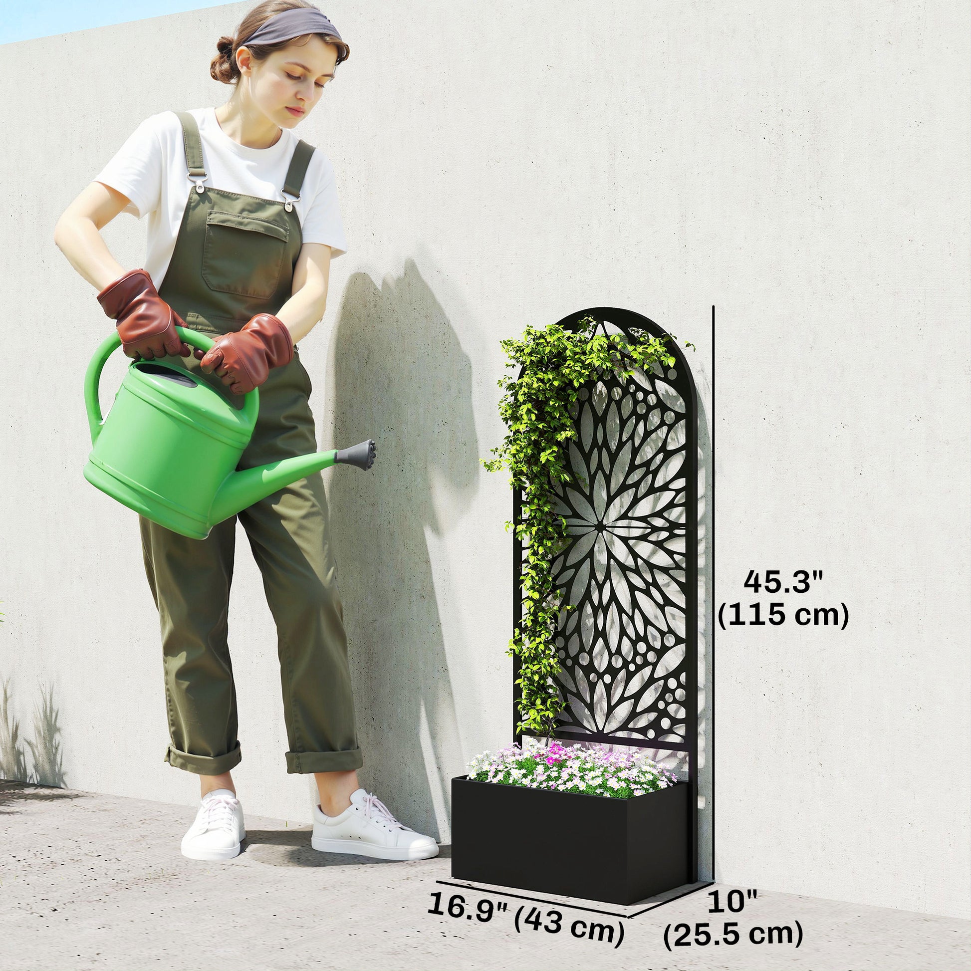 Metal Raised Garden Bed with Trellis for Climbing Plants, Freestanding or Wall Mounted Flower Bed with Privacy Panel