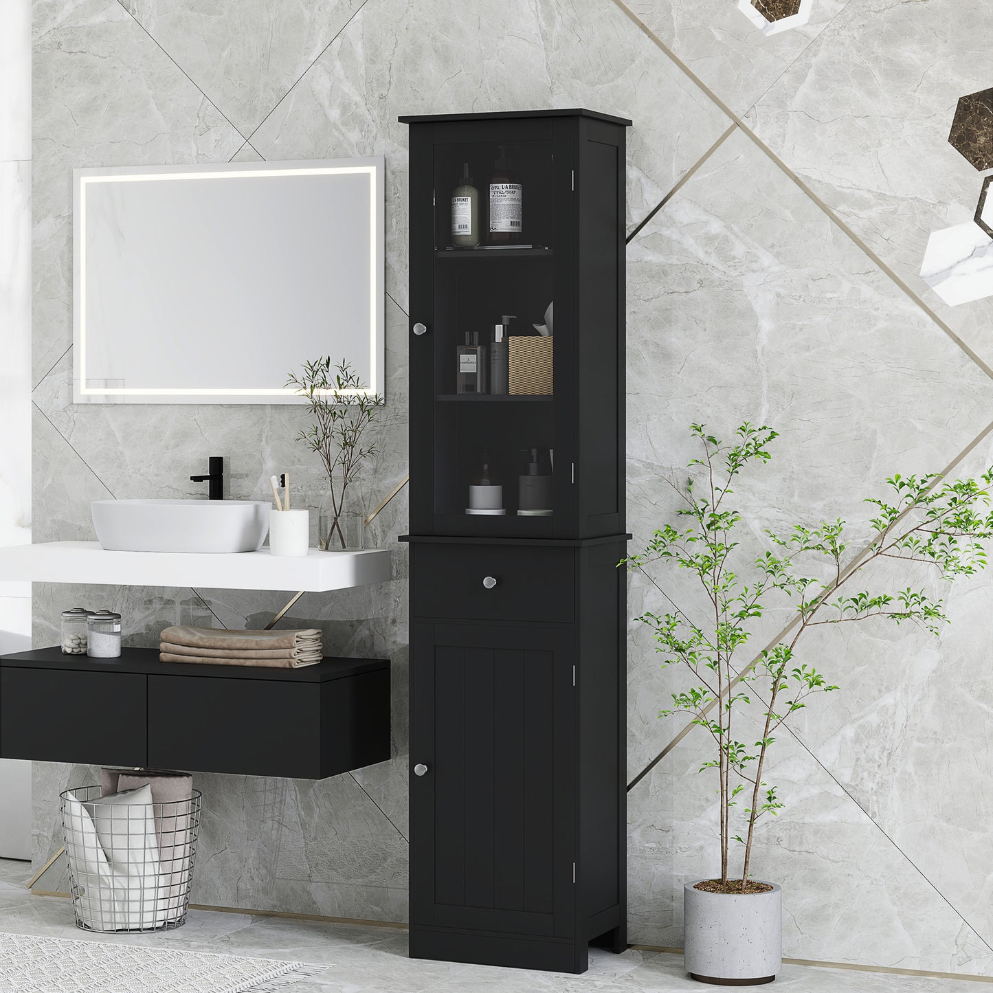 Tall Bathroom Cabinet, Bathroom Storage Cabinet with Drawers, 2 Doors and Adjustable Shelves, Black