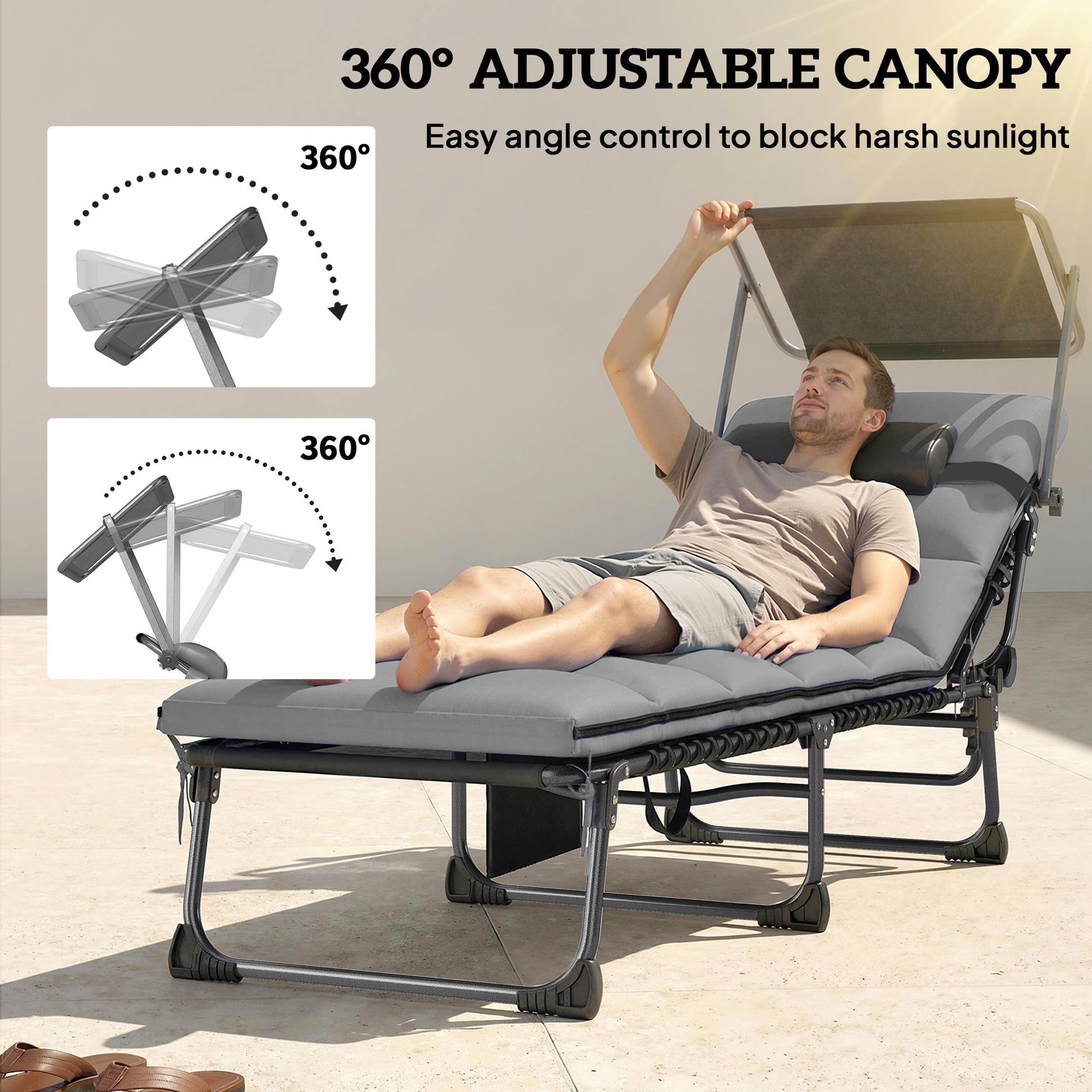 Lounge Chair Outdoor, Folding Chaise Lounge with 5-Level Adjustable Back, Cushion, Side Pocket and Headrest