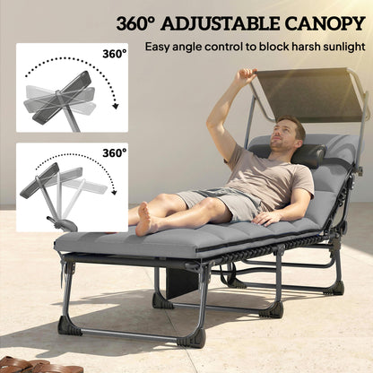 Lounge Chair Outdoor, Folding Chaise Lounge with 5-Level Adjustable Back, Cushion, Side Pocket and Headrest