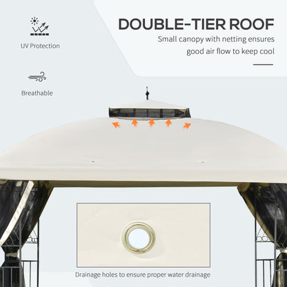 12' x 10' Outdoor Patio Gazebo Canopy with Double Tier Roof, Removable Mesh Sidewalls, Triangular Display Shelves, Beige