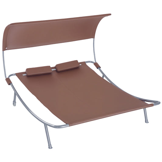 79" Outdoor Lounge Chair with Canopy, Double Chaise Lounger Hammock Bed w/ Pillow and Wheels, Brown