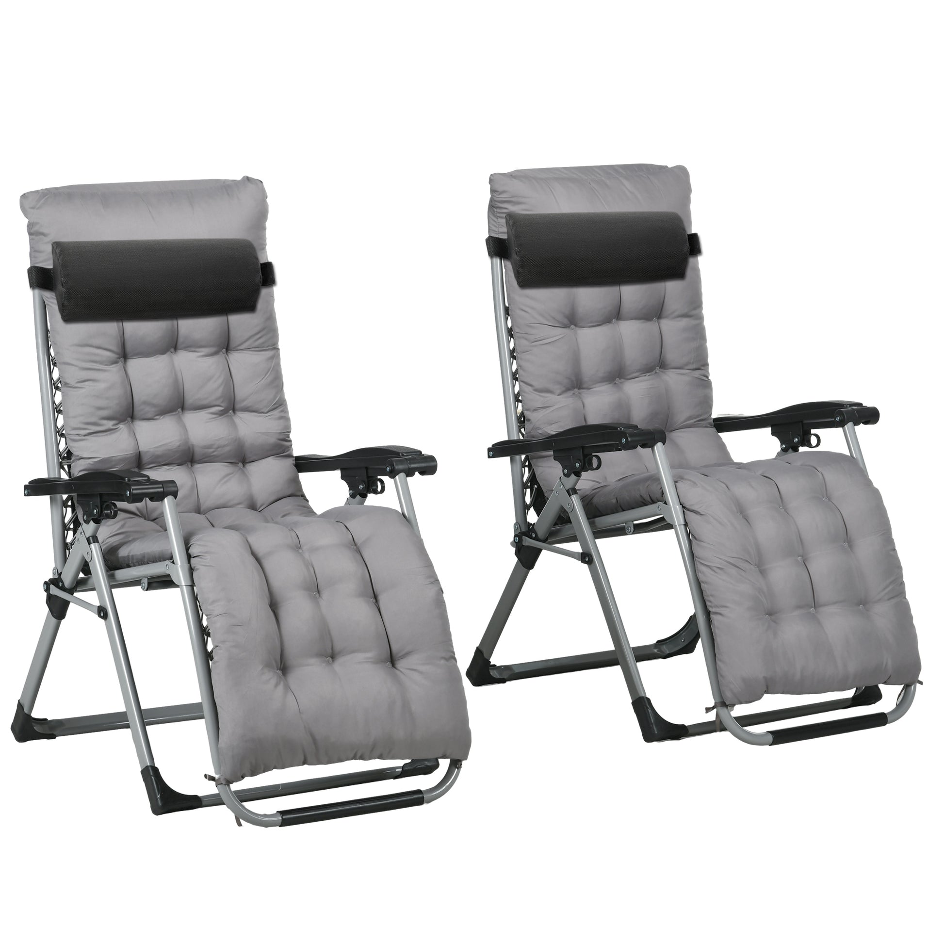 Folding Garden Chairs Set of 2, Reclining Zero Gravity Chair, Sun Lounger with Cushion and Headrest, Dark Grey