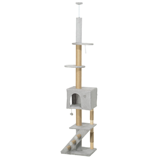 89"-100" Floor to Ceiling Cat Tree w/ Scratching Post, Cat House, 3-Steps, Hanging Ball, Perches, Light Grey