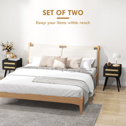 Boho Night Stands Set of 2, Bedside Tables with 2 Rattan Drawers, Square End Tables for Bedroom, Living Room