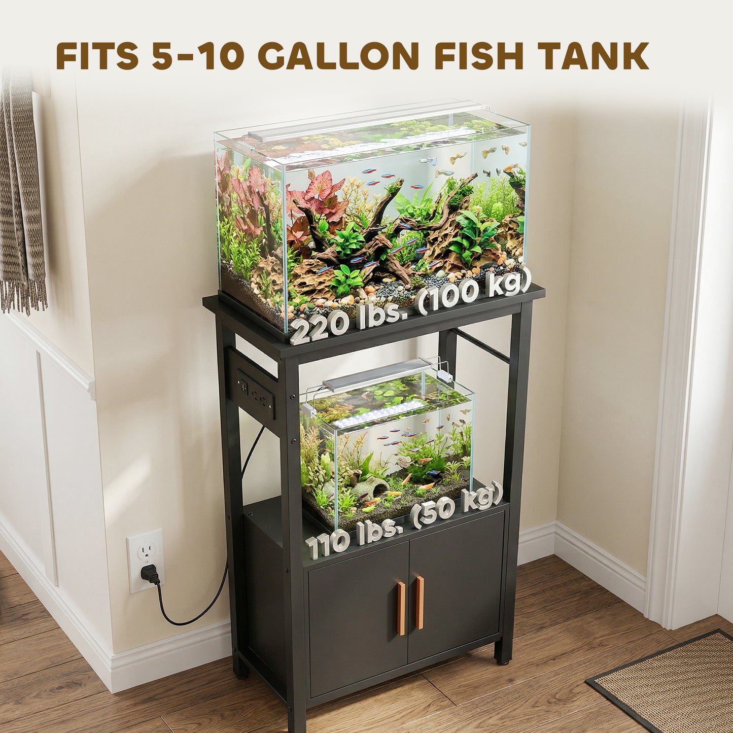 5-10 Gallon Fish Tank Stand Aquarium Stand with Power Outlets, Cabinet, Shelf, 550 lbs Capacity, 20.5" x 11" x 31.5"