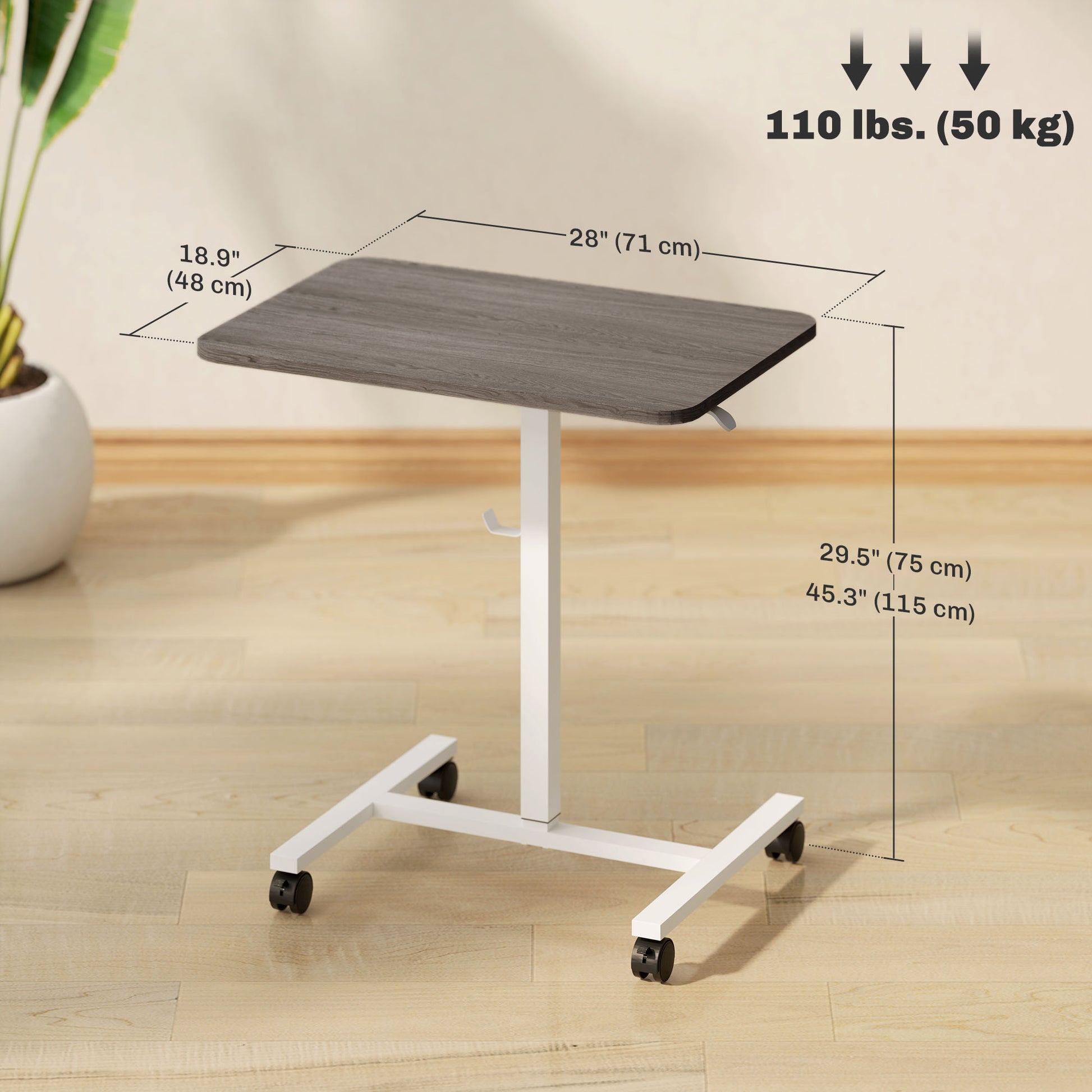 Height Adjustable Standing Desk, Pneumatic Sit Stand Desk with Wheels and Headphone Hook, Grey Wood Grain