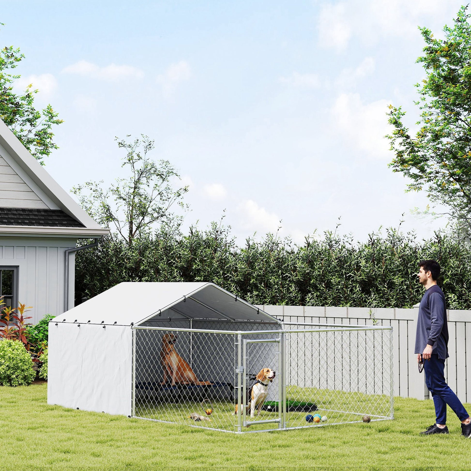 Galvanized Steel Dog Kennel Outdoor with Waterproof & UV-Resistant Cover for Large Dogs, 13.1' x 7.5' x 4.9'