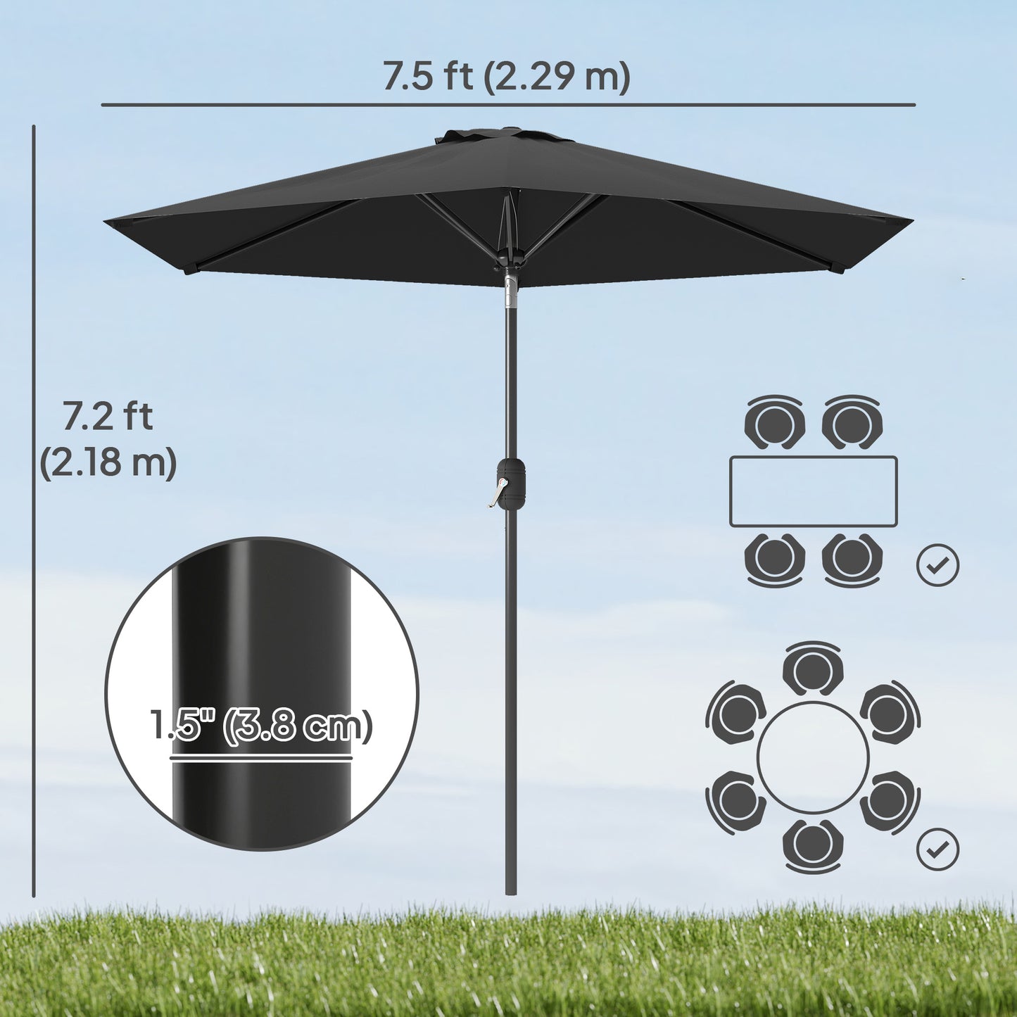 Patio Sun Umbrella, Outdoor Parasol with 6 Ribs, Black
