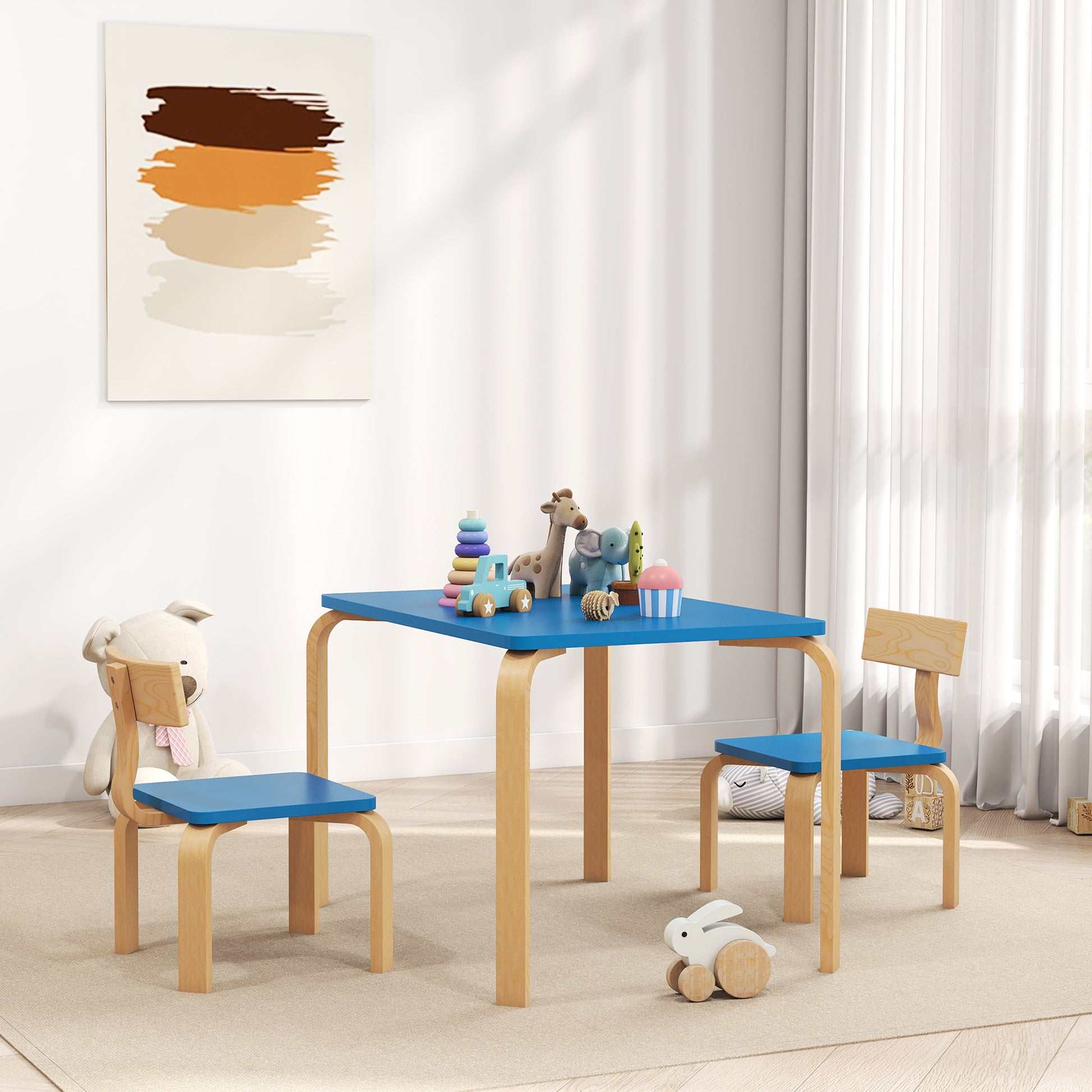 Qaba Kids Table and 2 Chair Set, Children Multi-Activity Furniture Set for Playing, Learning, Eating, Craft, Blue