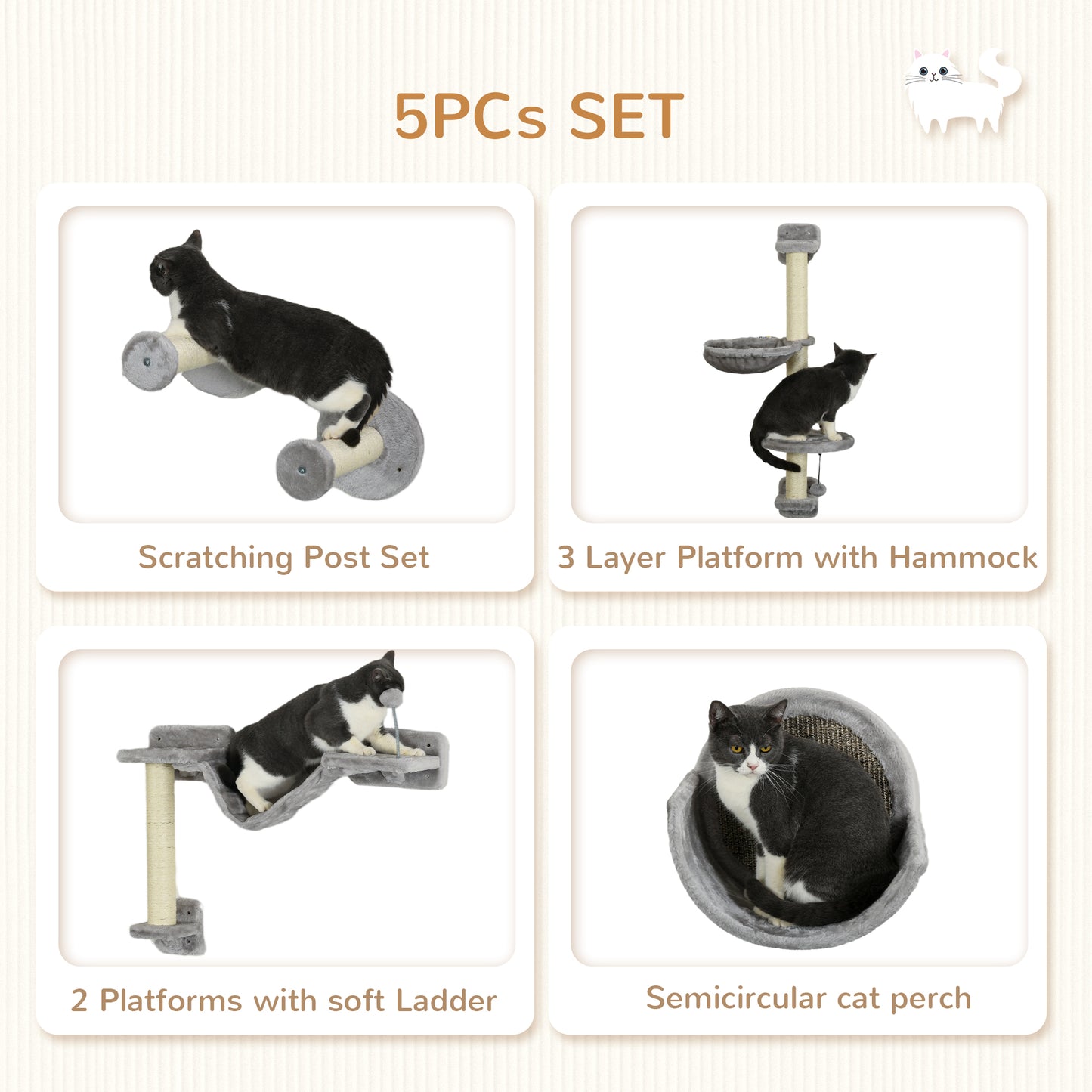 5PCs Cat Wall Shelves with Hammock, Scratching Posts, Perches, Ladder, for Indoor Cats, Light Grey
