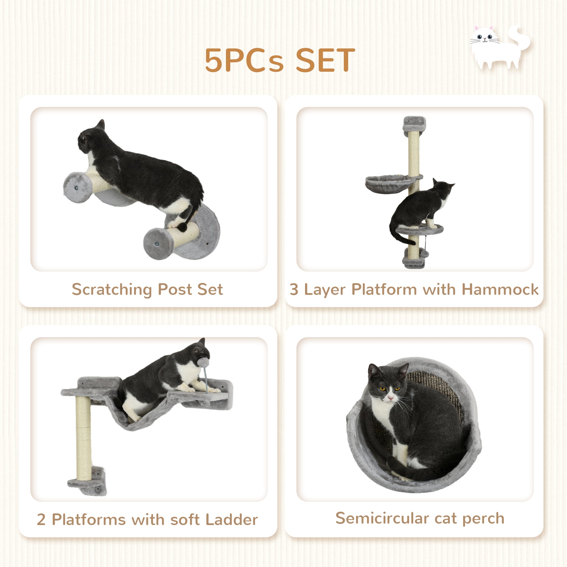 5PCs Cat Wall Shelves with Hammock, Scratching Posts, Perches, Ladder, for Indoor Cats, Light Grey