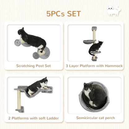 5PCs Cat Wall Shelves with Hammock, Scratching Posts, Perches, Ladder, for Indoor Cats, Light Grey