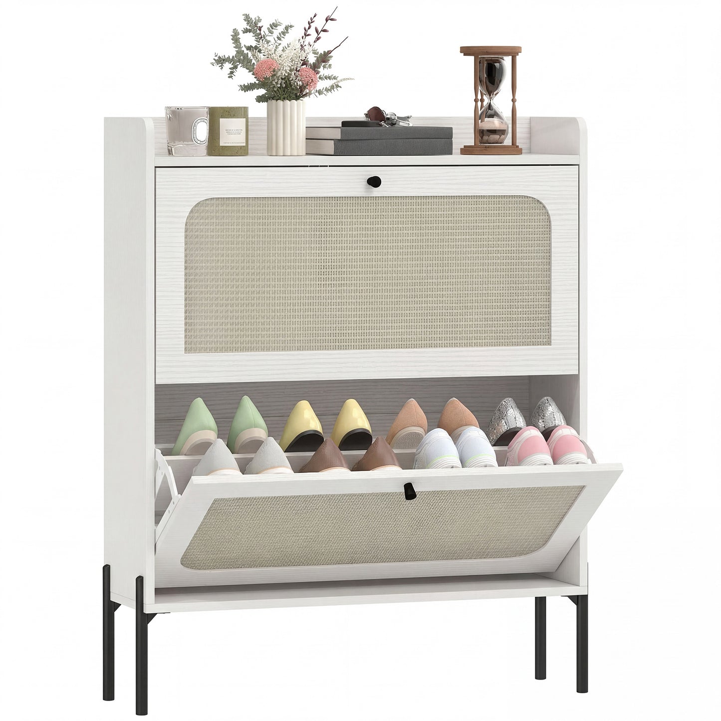 Shoe Cabinet with 2 Flip Drawers, Boho Narrow Shoe Storage Cabinet, White