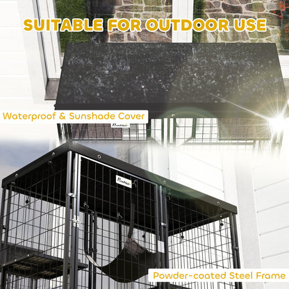 Metal Cat Cage with Waterproof Cover, 4 Platforms, Hammock, Washable Cushions for 1-3 Kittens, 46.5" x 22" x 62", Black