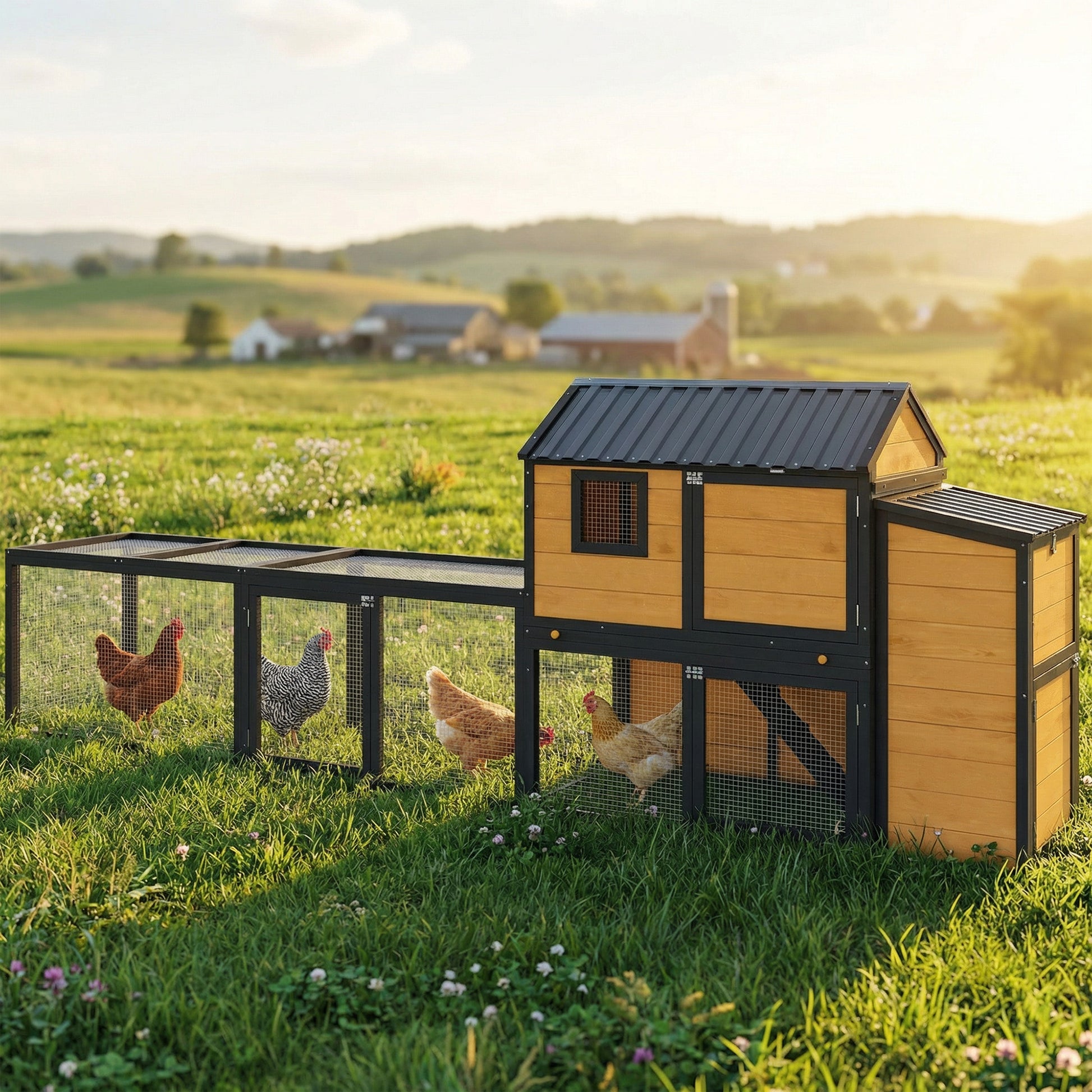 Large Chicken Coop, 134"L Wooden Chicken House with Run, Nesting Box, Slide-Out Tray, Waterproof Roof and Ramp