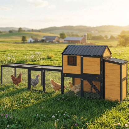 Large Chicken Coop, 134"L Wooden Chicken House with Run, Nesting Box, Slide-Out Tray, Waterproof Roof and Ramp
